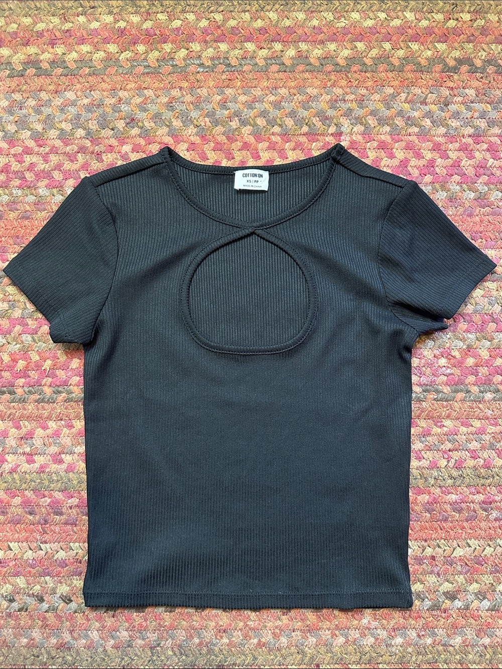 Cotton On Black Ribbed Short Sleeve Top with keyhole Front Cutout